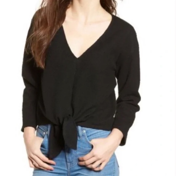 Madewell Texture & Thread Long-Sleeve Tie-Front Top, Black Sz S - Picture 1 of 8